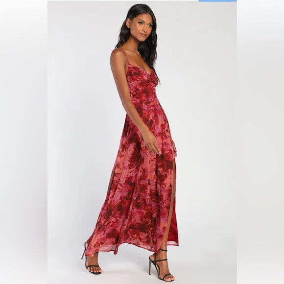 NWT Lulus Beautiful Soul Burgundy Floral Print Twist-Front Maxi Dress - Picture 3 of 5